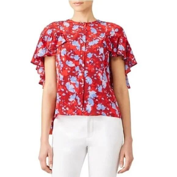 Alexis Danijela Blouse Womens Size M 100% Silk Red Floral Button Front Cape - Picture 1 of 6